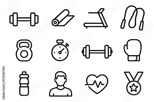 Fitness and gym icons set in simple linear style for workout themes
