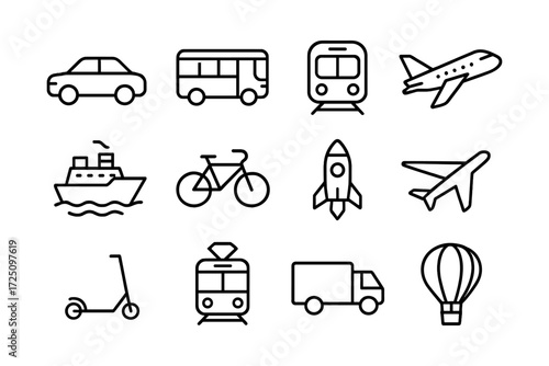 Simple linear icons of various transport modes in black and white