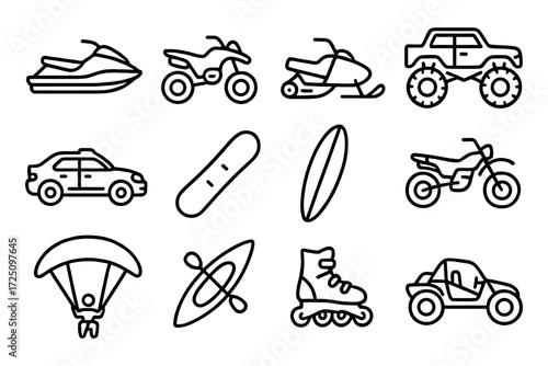 Outdoor adventure icons set: watercraft, off-road, and extreme sports in linear style