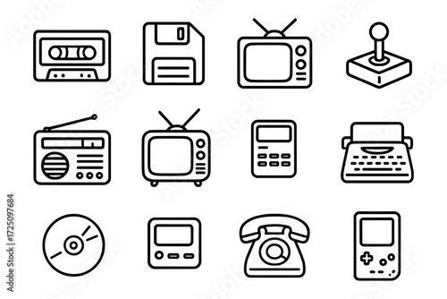 Retro technology icons: line art of vintage electronics and gadgets for nostalgic design