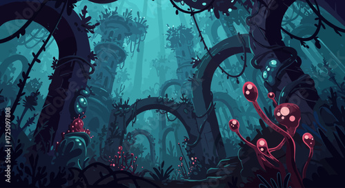 A captivating digital illustration depicting a fantastical ecosystem where bioluminescent 2D organic shapes intermingle with minimalist 3D architectural elements, creating an otherworldly.