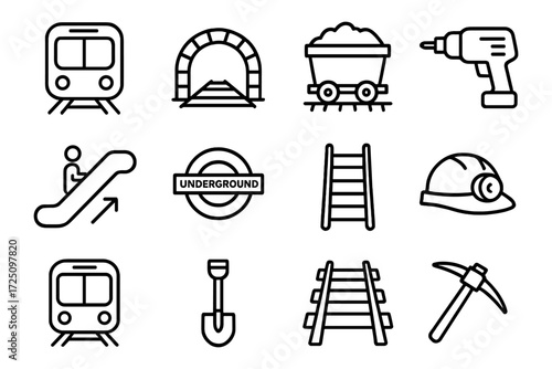 Line icons set: underground transport, construction tools, and mining elements