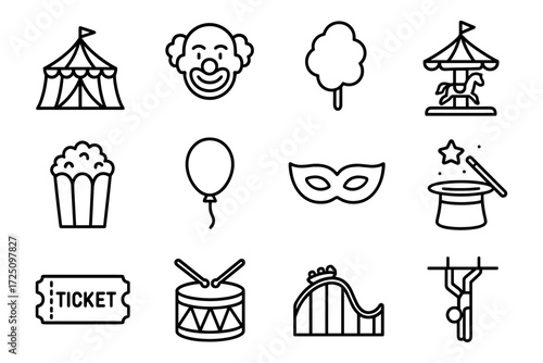 Carnival fun: circus icons in bold linear style featuring clowns, rides, and treats