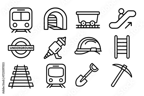 Transportation and construction icons: train, tunnel, railcar, hard hat, and tools in linear style