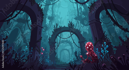 A captivating digital illustration depicting a fantastical ecosystem where bioluminescent 2D organic shapes intermingle with minimalist 3D architectural elements, creating an otherworldly.