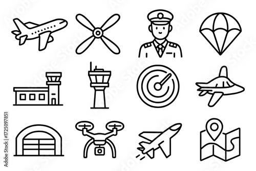 Aviation icons: airplane, pilot, drone, airport elements in linear style