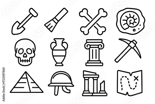 Archaeology icon set: tools, artifacts, and symbols in linear style