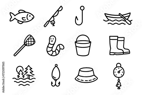 Fishing gear and accessories set in simple line style