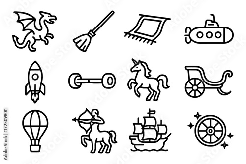 Magical adventure icons featuring broomstick, submarine, unicorn, and more in black and white linear style