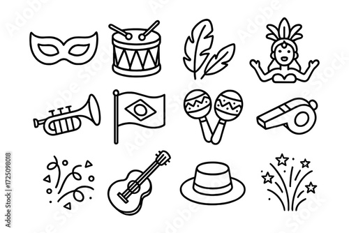 Carnival icons outline: brazil, music, and festive symbols in line art style