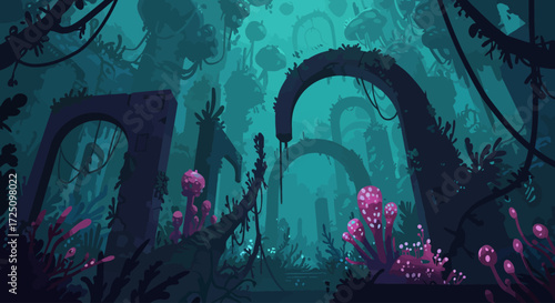A captivating digital illustration depicting a fantastical ecosystem where bioluminescent 2D organic shapes intermingle with minimalist 3D architectural elements, creating an otherworldly.