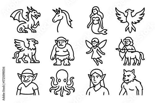 Mythical creatures outline: dragons, unicorns, and more in simple black line art