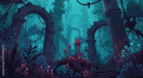 A captivating digital illustration depicting a fantastical ecosystem where bioluminescent 2D organic shapes intermingle with minimalist 3D architectural elements, creating an otherworldly.