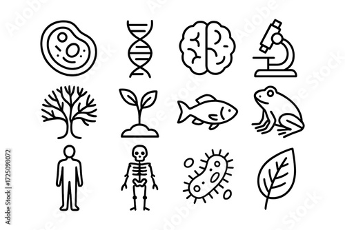 Science and nature icons: biology, microorganisms, and ecosystems in line art style