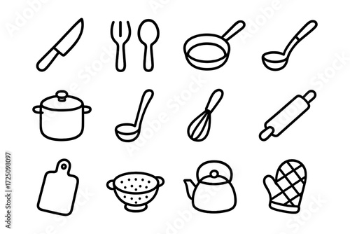 Minimalist kitchen tool icons: knives, utensils, cookware, and more in line art