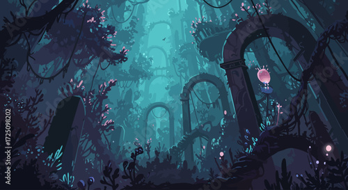 A captivating digital illustration depicting a fantastical ecosystem where bioluminescent 2D organic shapes intermingle with minimalist 3D architectural elements, creating an otherworldly.