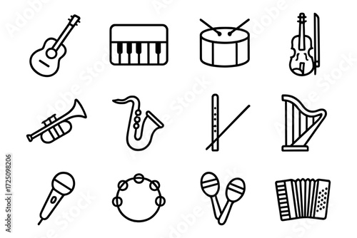 Linear icons of musical instruments for creative design projects