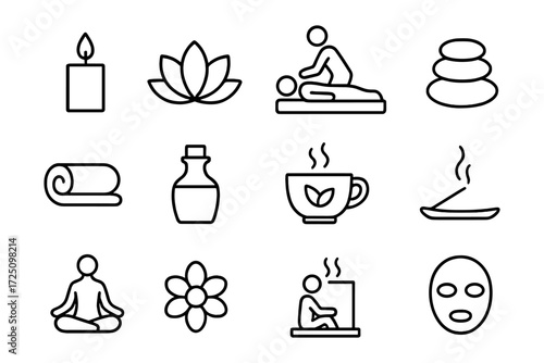 Line art wellness icons: spa, yoga, relaxation, aromatherapy, meditation