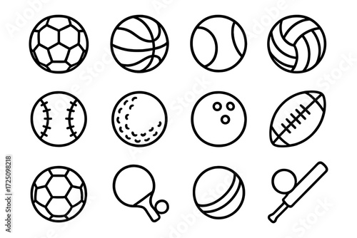 Sports balls icon set in outline style featuring popular game equipment