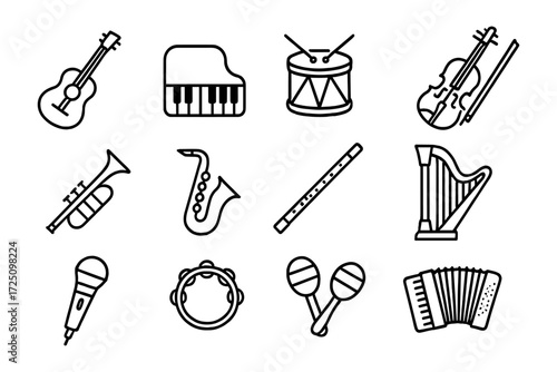Black and white outline icons of musical instruments