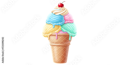 Colorful Ice Cream Cone with Cherry Topping on Transparent Background