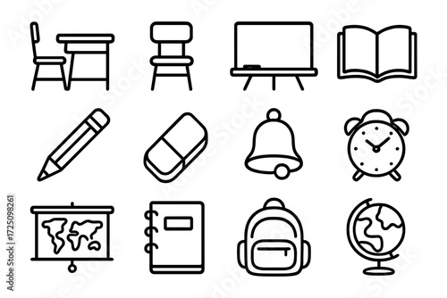 Minimalist school icons set: classroom, study, education essentials in linear style