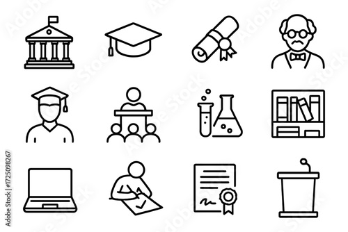 Education line icons: university, graduation, and learning symbols