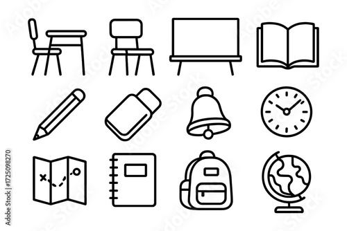 Classroom essentials: linear icons of desk, chair, blackboard, and more