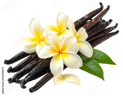 Wallpaper Mural Dark brown vanilla pods with creamy white plumeria blossoms Torontodigital.ca