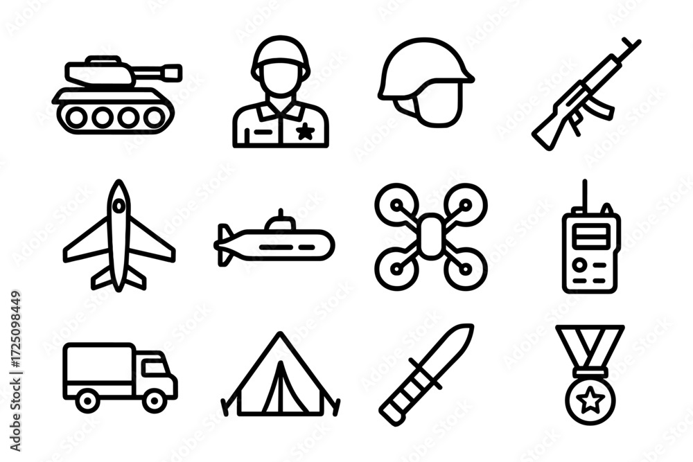 Obraz premium Military icon set: tank, soldier, helmet, rifle, aircraft, submarine, drone, radio, truck, tent, knife, medal