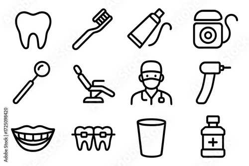 Essential dental care icons set featuring toothbrush, toothpaste, and oral hygiene tools in minimalist black outline style
