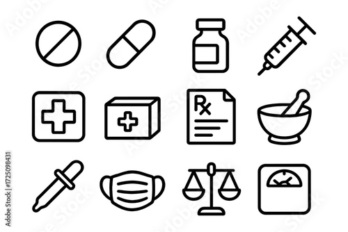 Healthcare line icons: medicine, prescription, pharmacy, and medical essentials