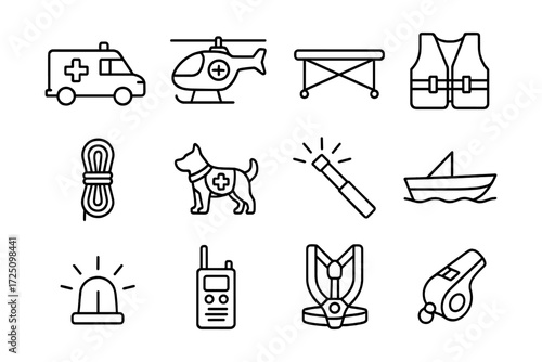 Emergency rescue icons: ambulance, helicopter, stretcher, life vest in linear style