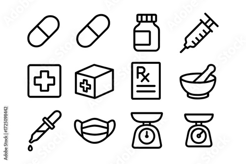 Linear medical icons set with essential healthcare elements and pharmacy tools