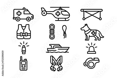 Emergency rescue line icons: ambulance, helicopter, lifeboat, and equipment