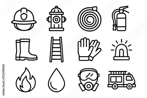 Essential firefighting icons set featuring equipment and safety gear in simple line art style