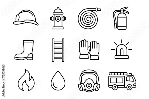 Firefighting equipment icons: essential safety gear in simple line design