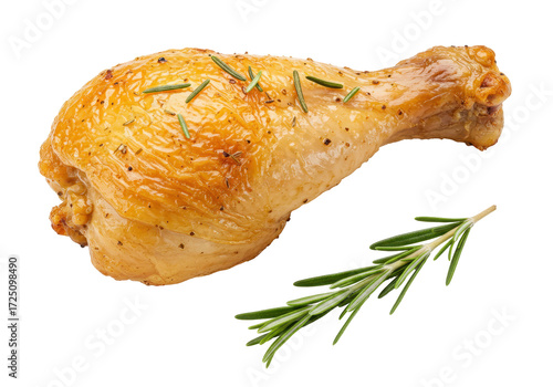 Isolated chicken leg quarter oven roasted with rosemary, a savory, tempting meal element