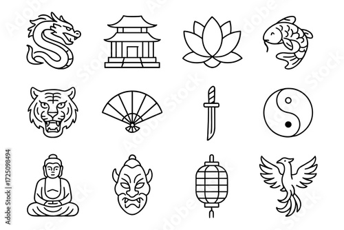 Traditional asian icon set: dragon, pagoda, lotus, koi, and more in simple line design