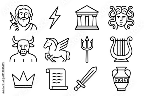 Mythical greek symbols in linear style featuring gods, creatures, and iconic artifacts
