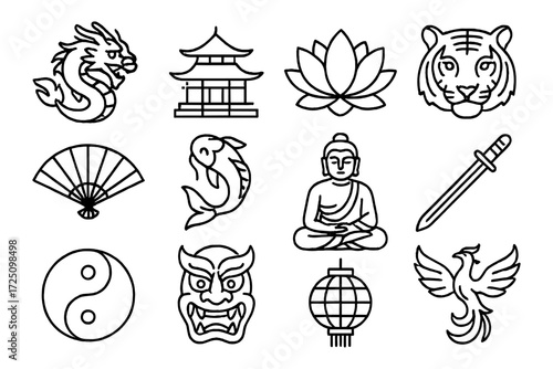 Traditional asian elements set featuring dragon, buddha, and lotus in linear style