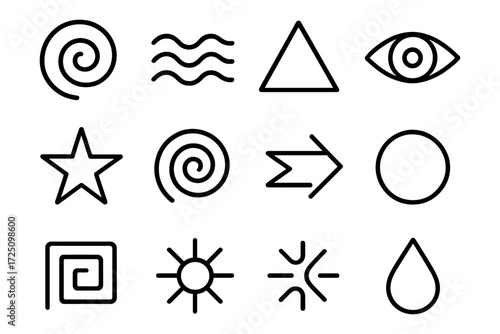 Minimalist geometric symbols and shapes set in black line art style