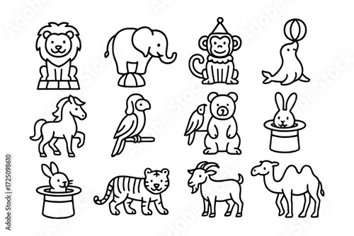 Cute circus and zoo animal outlined icons for kids' coloring projects
