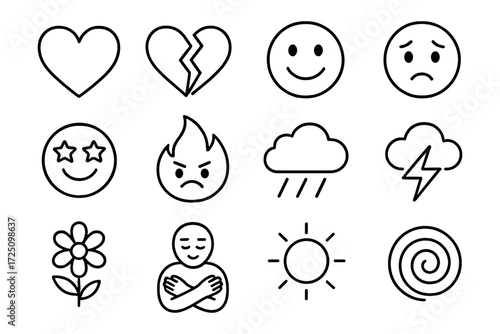 Simple outline icons of emotions, weather, and nature for modern designs