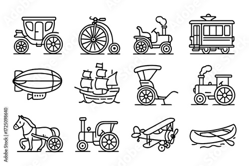 Vintage transportation icons: classic vehicles in linear style