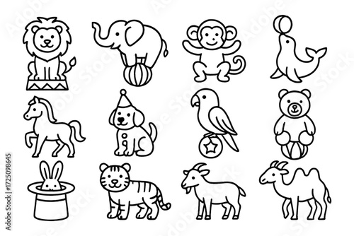 Circus animal outline collection: cute black and white line art
