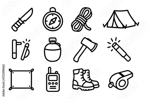 Essential camping gear icons: linear survival and outdoors equipment