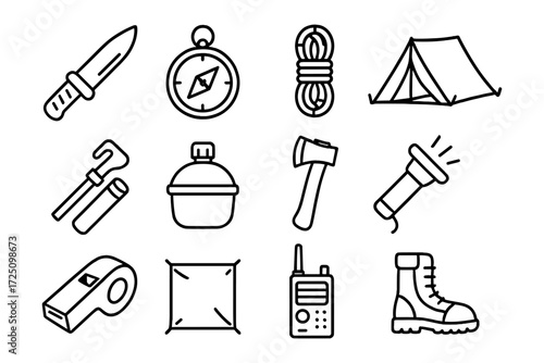 Essential camping gear icons set featuring outdoor tools and equipment