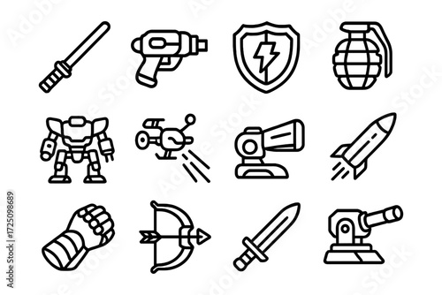 Futuristic weapons and tools: technology and defense icons collection