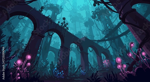 A captivating digital illustration depicting a fantastical ecosystem where bioluminescent 2D organic shapes intermingle with minimalist 3D architectural elements, creating an otherworldly.